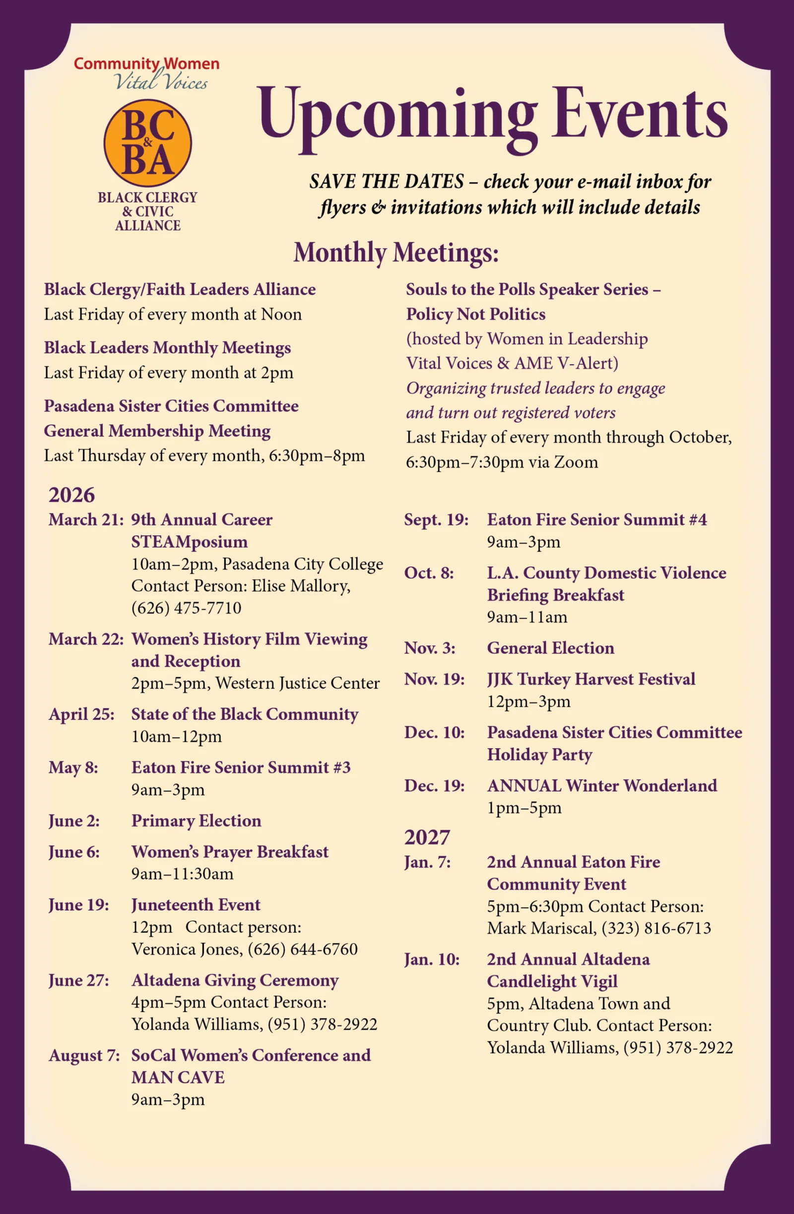 Upcoming Events 2026 2027